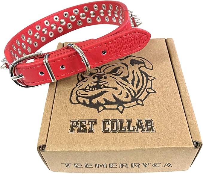TEEMERRYCA Adjustable Microfiber Leather Spiked Studded Dog Collars with a Squeak Ball Gift for Small Medium Large Pets Like Cats/Pit Bull/Bulldog/Pugs/Husky, Red, S 10.8-13.2 inches