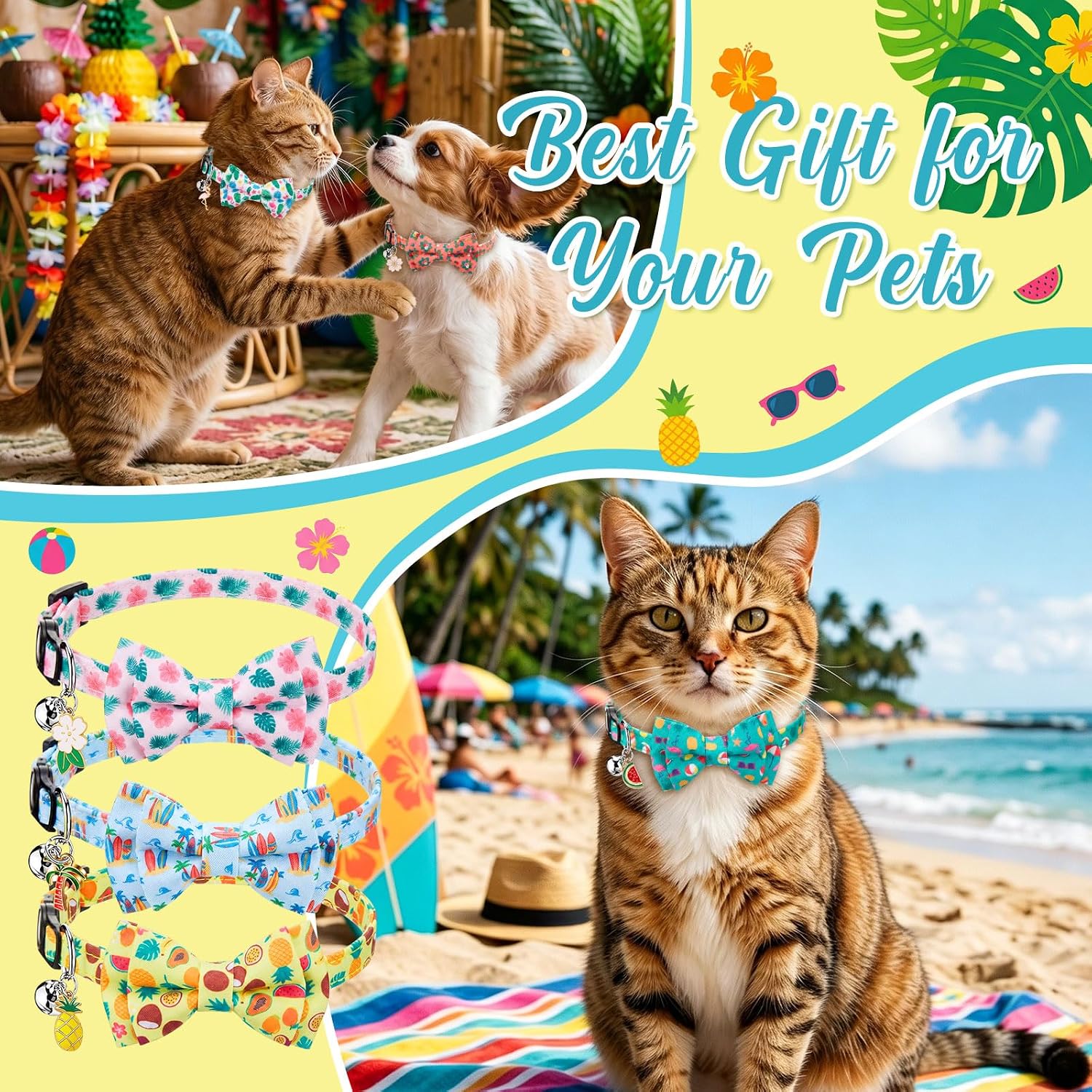 Hsei 6 Pcs Summer Hawaii Cat Collars Bulk with Bow Tie Bell Kitten Adjustable Breakaway Bowtie Collar for Boy Girl Cats Small Dog Pet Party Tropical Luna Aloha Party Favors Decoration