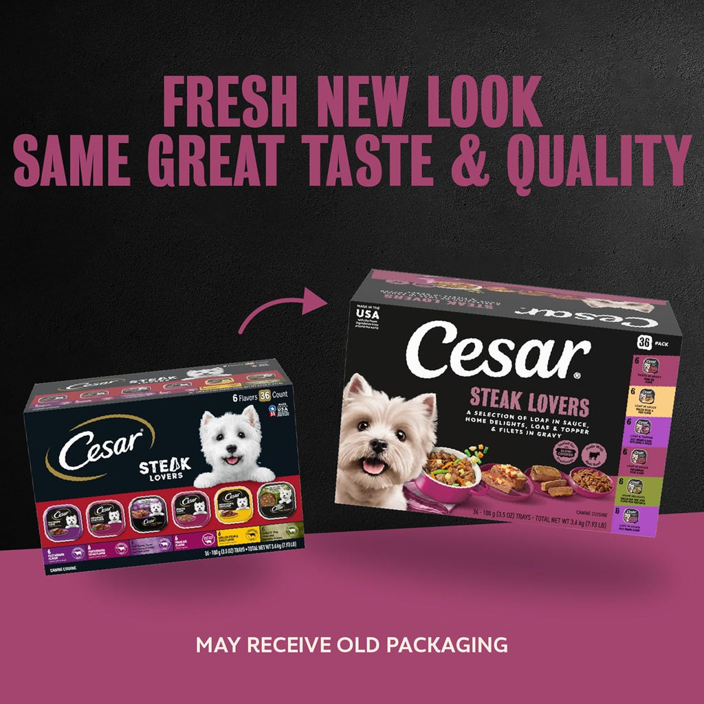 Cesar Wet Dog Food, Steak Lovers Variety Pack, 3.5 oz, 36 Count | Real meat #1 ingredient, easy peel trays, 100% complete & balanced, no fillers, no added sugar, no artificial flavors