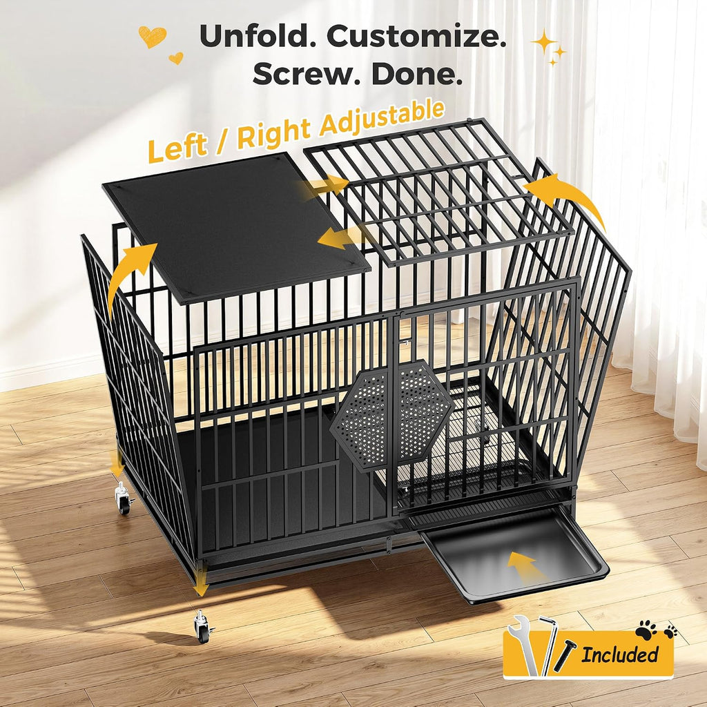 CAMMOO 48'' Heavy Duty Dog Crates for Large Dogs, Dog Kennel Indoor | For High Anxiety Dog, Escape-Proof Dual Top Fences, Reinforced Square Tube Frame, Easy-Clean Split Floor, Extra-Wide Door
