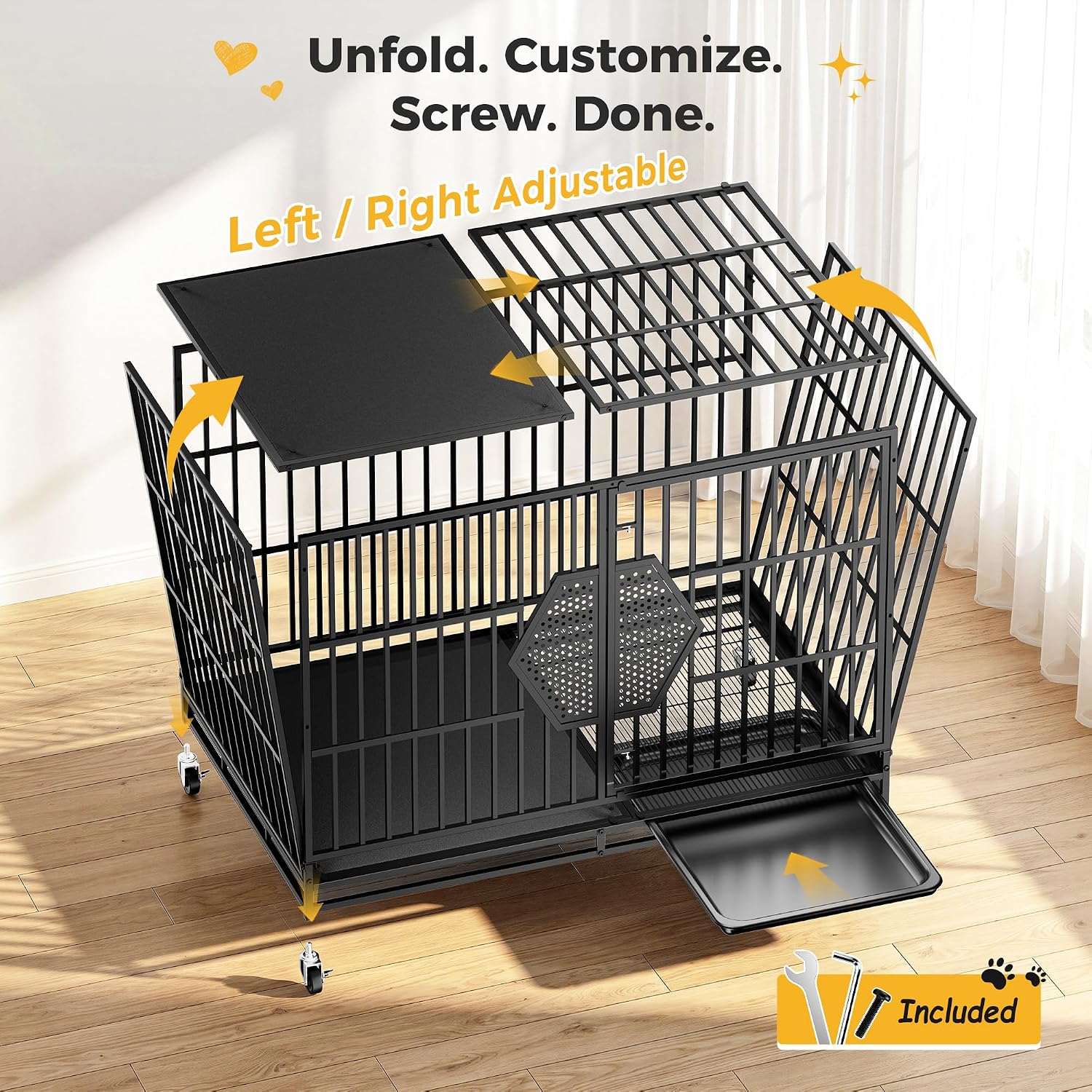 CAMMOO 48'' Heavy Duty Dog Crates for Large Dogs, Dog Kennel Indoor | For High Anxiety Dog, Escape-Proof Dual Top Fences, Reinforced Square Tube Frame, Easy-Clean Split Floor, Extra-Wide Door