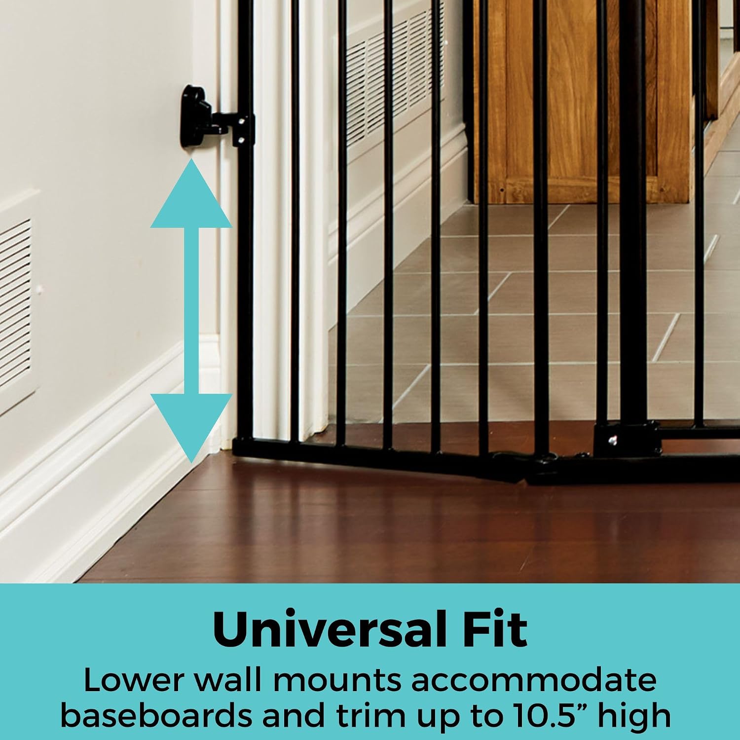 Toddleroo by North States - Deluxe Décor Universal Fit Safety Gate: Hardware Mounted Extra Wide Metal Baby Gate with Tall Baseboard Mounts, Adjustable Child Gate; 38.3" to 72" Wide; 30" Tall; Black