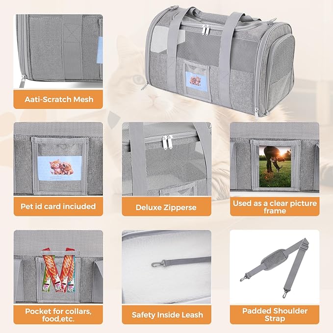 Cat Carrier Soft for Pets Up to 15 Lbs, Cat Travel Bag with Padded Shoulder Strap and Detachable Cat Food Bowl, Pet Dog Carriers for Small Dogs Travel Puppy Carry Airline Approved, Grey