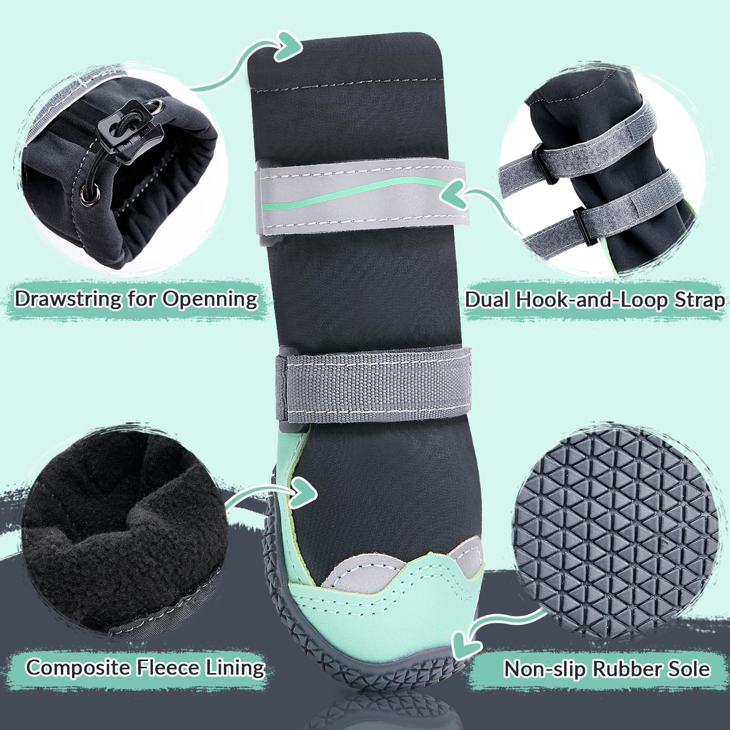 SlowTon Dog Boots - High Top Waterproof Warm Fleece Lined Dog Winter Shoes | Dog Snow Booties with Non-Slip Rubber Sole for Outdoor Walking Hiking Rain, Paw Protector for Large Small Medium Dog, Green 2