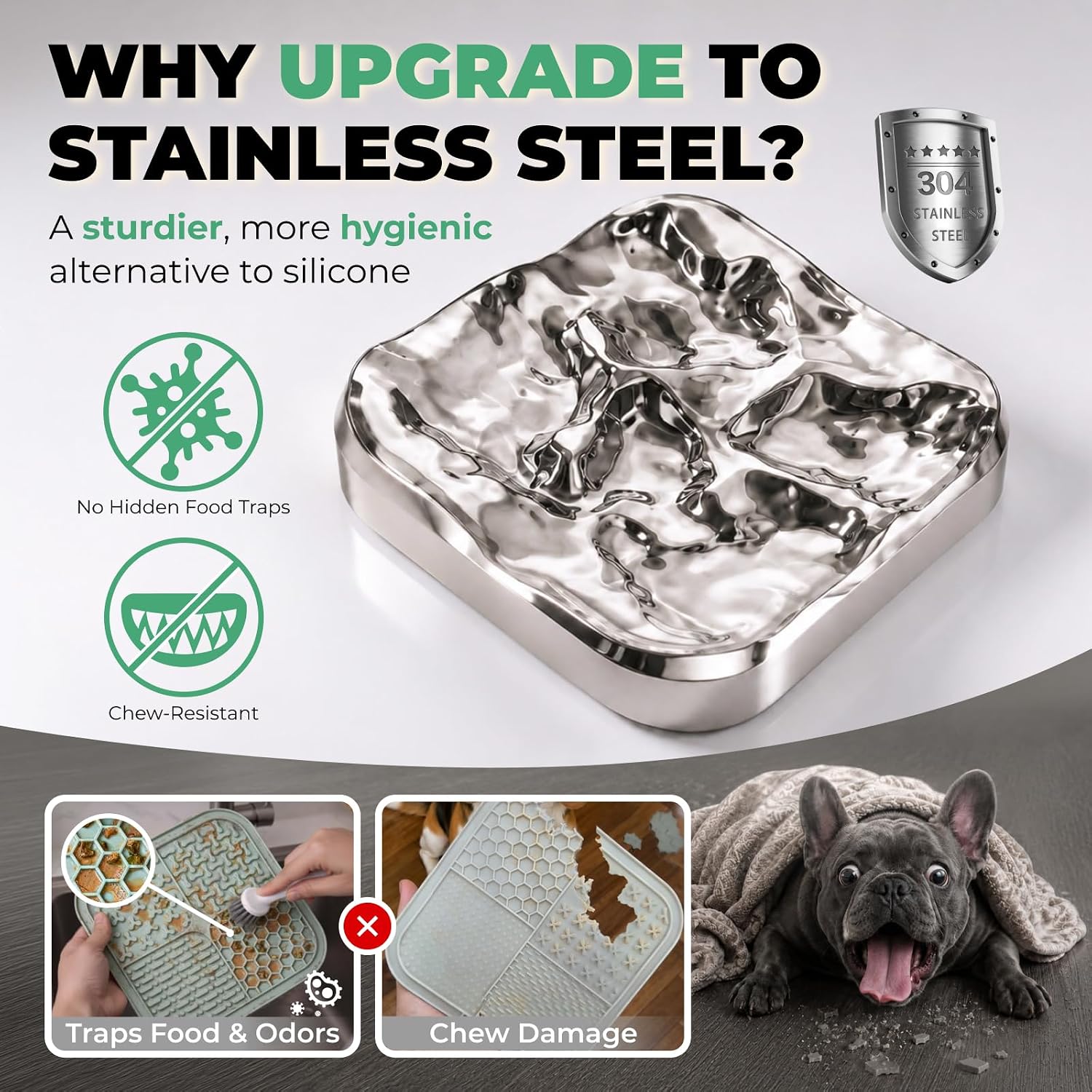 FXW IntoFlow Stainless Steel Dog Lick Mat, Patent Pending | Dishwasher Safe, Durable 304 Stainless Steel, 184 Textured Grooves, Grooming Support, For Soft Treats