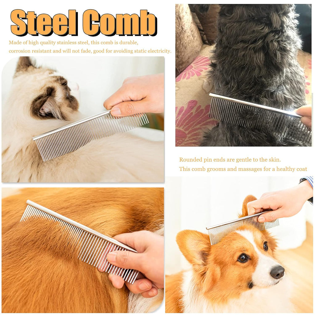 Grooming Rake Undercoat Brush Set for Long Hair Dogs | Long Tooth Undercoat Rake, Stainless Steel Dog Comb, Deshedding Tool Set, For Husky Long-haired Cats, Pet Knot-Removal Kit