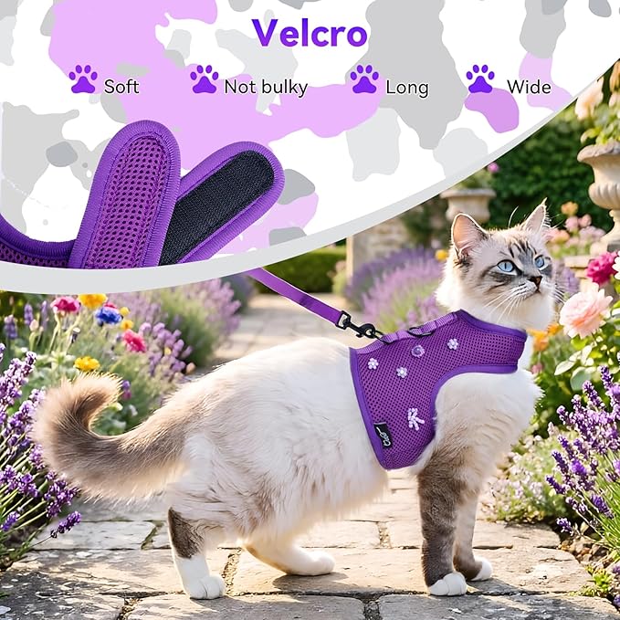Kitty Harness and Leash for Walking Escape Proof Breathable Mesh Fabric, Purple, Small, Adjustable Cat Walking Jackets with DIY Beads, Padded Stylish Cat Vest