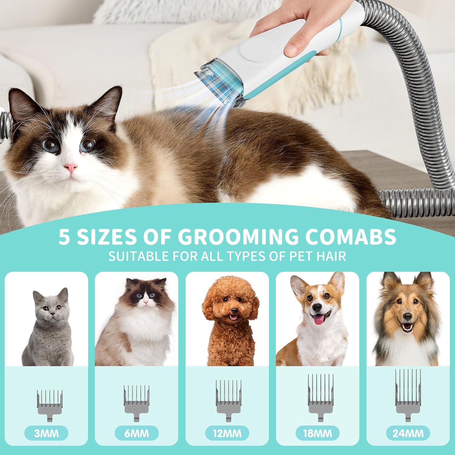 Dog Grooming Clippers Vacuum Kit - 11000PA Suction Powerful Dog Hair Vacuum - 6 in 1 Low Noise Cat Shedding Brush Trimmer Tool with 1.5L Dust Cup for Cleaning Pet Hair (6 Accessories)