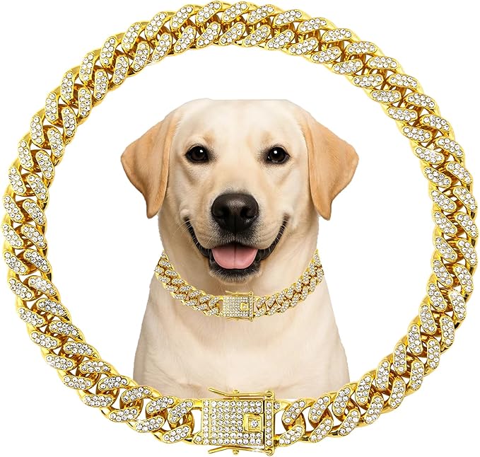 Dog Chain Designer Gold Crystal Pet Collar Cuban Link Chain with Secure Buckle Luxury Adjustable Necklacefor Small Medium Large Dogs Cats(Glod 22inch)