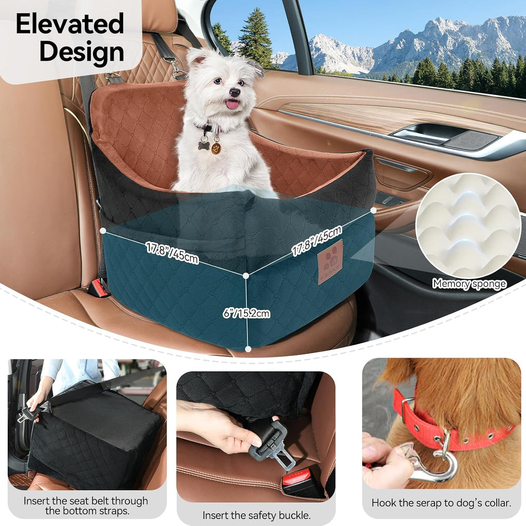 GL GLENSLAVE Dog Car Seat for Small/Medium Dogs, Dog Booster Car Seats with Thick Cushion for Dogs Under 35 lbs, Detachable Washable Pet Carseat with Storage Pockets, 2 Safety Belts(Black/Brown)