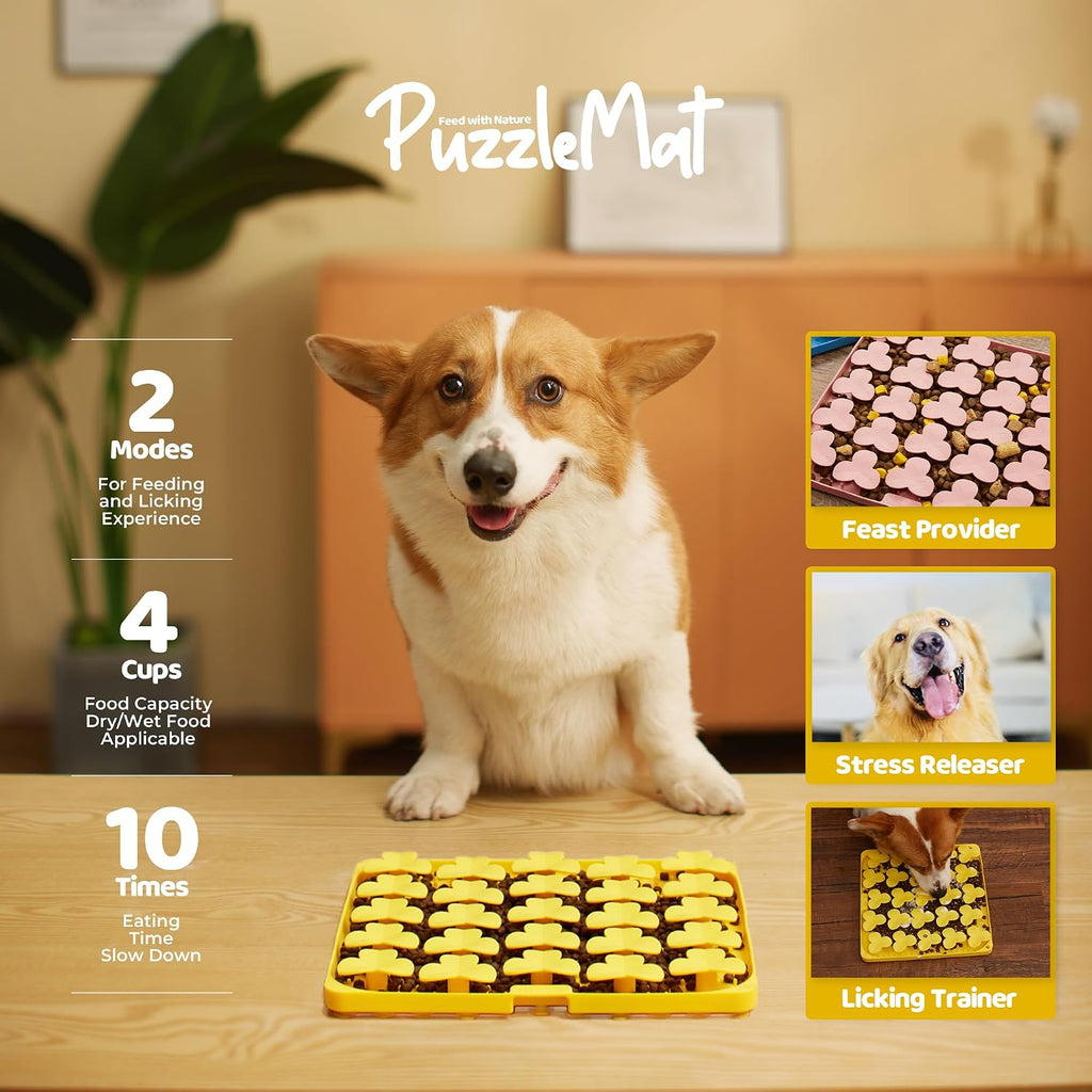 Silicone Mat with Suction Cups, Slow Feeder Bowl for Dry and Wet Food, Dog Enrichment for All Breed Dogs, Yellow