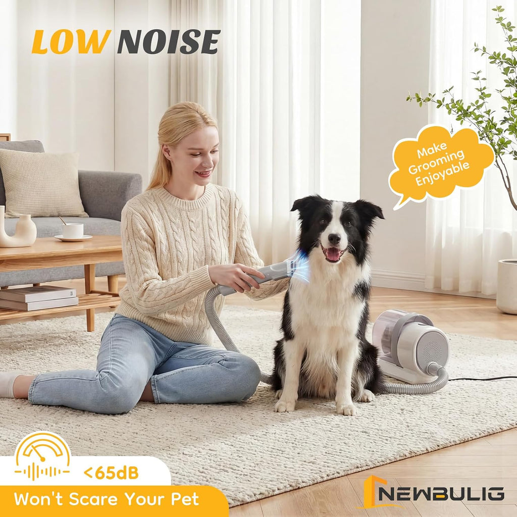 NEWBULIG Pet Grooming Vacuum Kit for Cats and Dogs, 2.5L Dust Cup | 3 Suction Modes and 5 Groomer Tools, Dog Clippers with Cordless Low Noise for Cats, Dogs Other Animals Hair Trimmer, Gray