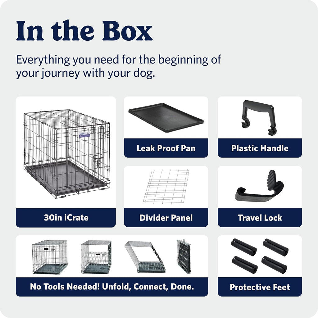 MidWest Homes for Pets 30-Inch iCrate for Medium Breeds, 21-40 lbs, Single Door Folding Dog Crate with Divider Panel, Leak-Proof Tray & Secure Latch, Portable, Durable & Easy to Assemble
