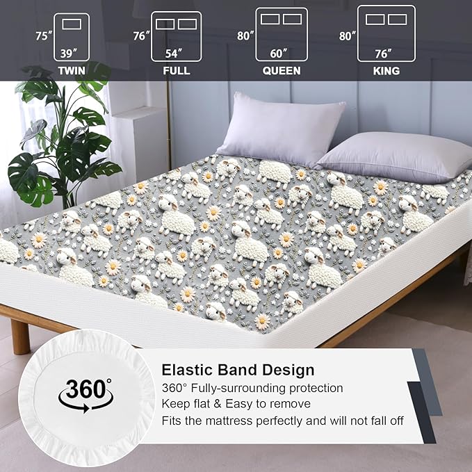 Waterproof Mattress Protector King, Fitted Sheet Style Breathable Mattress Cover with Deep Pocket Fits Up to 18'', Noiseless Bed Cover for Kids Adults Pets, Machine Washable (Sheep, King)