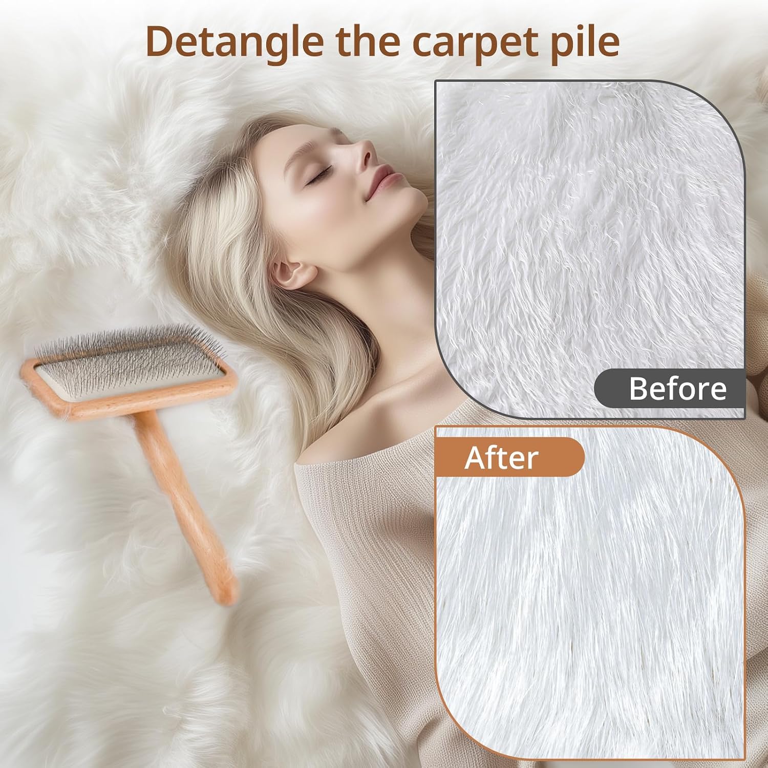 Sheepskin Wool Brush - Carpet Rake Tool | for Pet Hair Removal and Household Fabric Care