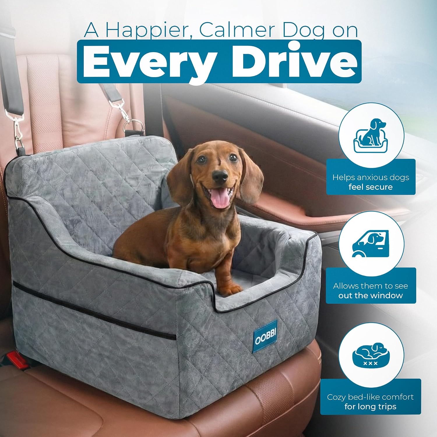 Small Dog Car Seat with Premium Memory Foam & Safety Straps – Cozy Dog Bed for Car for Daily Travel & Road Trips for Medium Sized Dogs - Washable Design with Anti-Slip Base