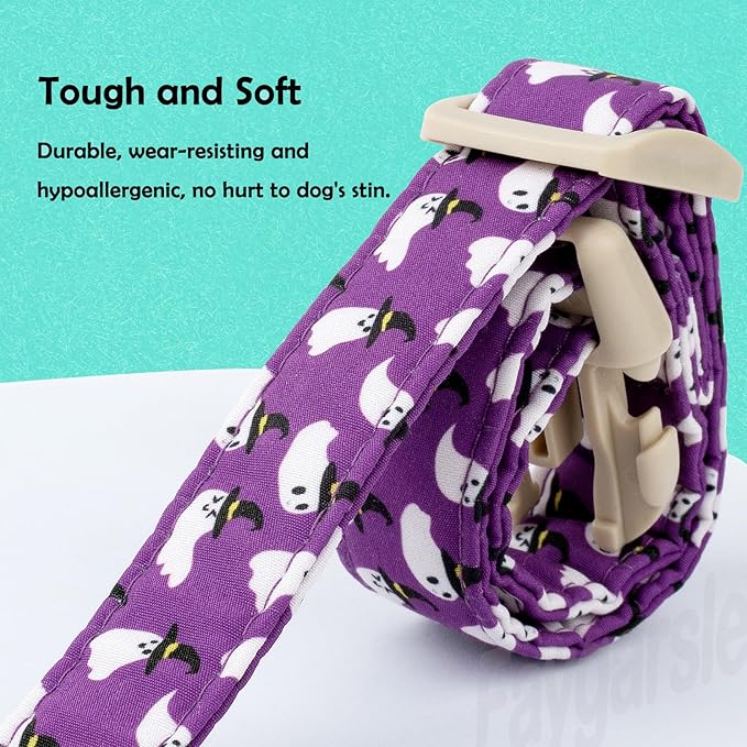 Faygarsle Halloween Dog Collar with Charm, Purple with Ghost Pattern, Adjustable Pet Collar for Small Medium Large Dogs L