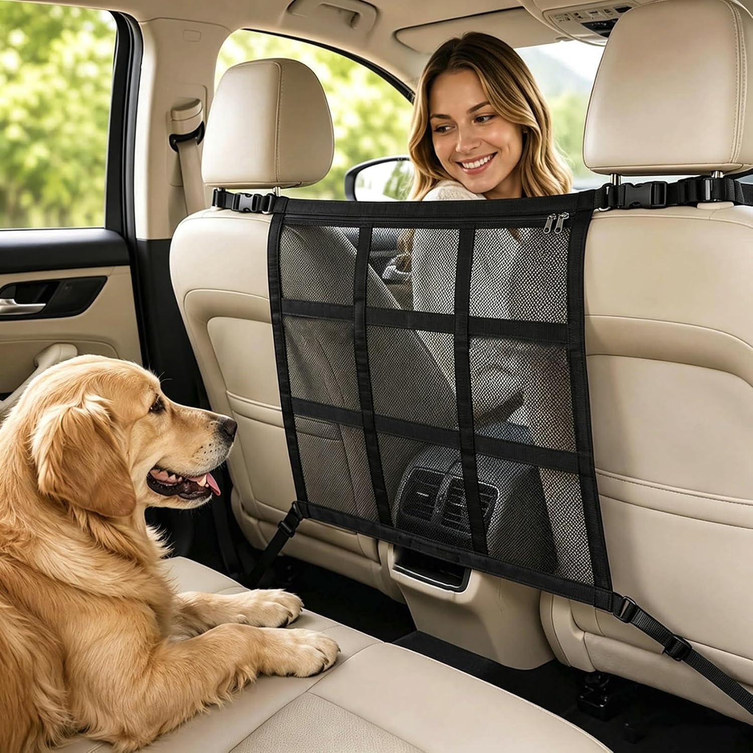 Dog Car Barrier 2026 Upgrade, Double Layer Mesh Dog Net for Car Divider with Storage Organizer, Universal Fit for SUVs, Sedans & Trucks, Easy to Install & Breathable Vehicle Travel Fence, no Storage