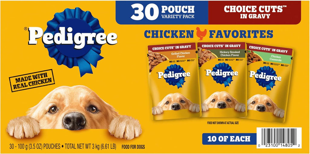 Pedigree Choice Cuts Wet Dog Food Pouch, Chicken Variety, 3.5 oz, 30 Count | 100% complete & balanced, steam cooked, made with real chicken, 36 vitamins & minerals, 50%+ water for hydration