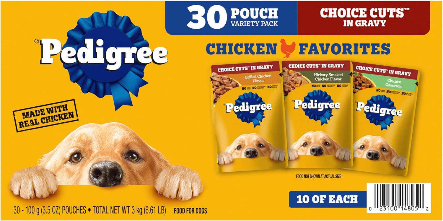 Pedigree Choice Cuts Wet Dog Food Pouch, Chicken Variety, 3.5 oz, 30 Count | 100% complete & balanced, steam cooked, made with real chicken, 36 vitamins & minerals, 50%+ water for hydration