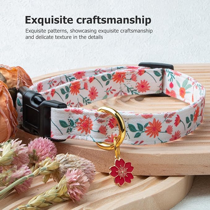 Cotton Handmade Dog Collar Cute and Distinctive Patterns Red and White Flower with Pendant for Girl Boy Dogs Collars S