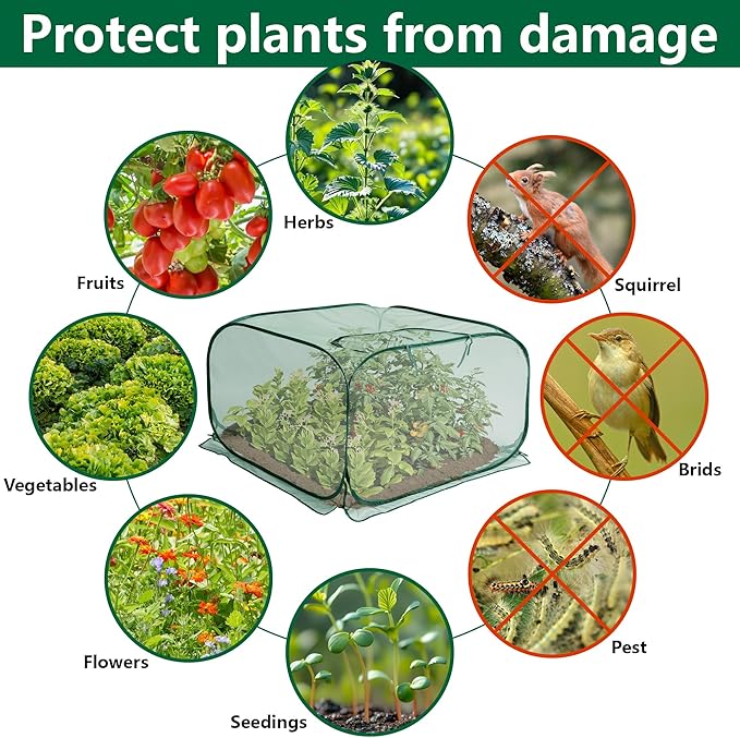 2 Pcs Pop Up Mesh Plant Cover, 35" x 35" x 27.5" Foldable Plant Protector Mesh Plant Enclosure, Garden Net Cage Guard Cover with 8 Ground Stakes for Protecting Plant Vegetable Fruit from Birds Insects