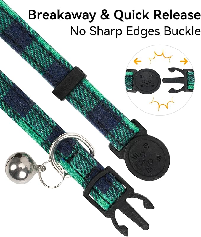 Joytale Upgraded Cat Collar with Bells, Breakaway Cat Collars with Bow Tie, 2 Pack Girl Boy Safety Plaid Kitten Collars, Green+Red
