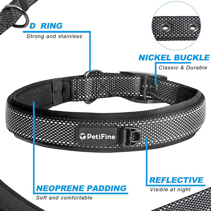 PetiFine Dog Collar for Large Dogs, Neoprene Padded and Adjustable, Reflective Wide Heavy Duty Pet Collars with Durable Metal Belt Buckle for Walking, Black, L