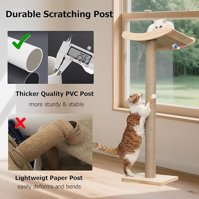 Window Cat Perch with Scratching Posts, 46" Wood Tree Bed for Maine Coon Big Cats Perching and Lounging, Mounted with 3 Strong Suction Cups (Wood Platform)
