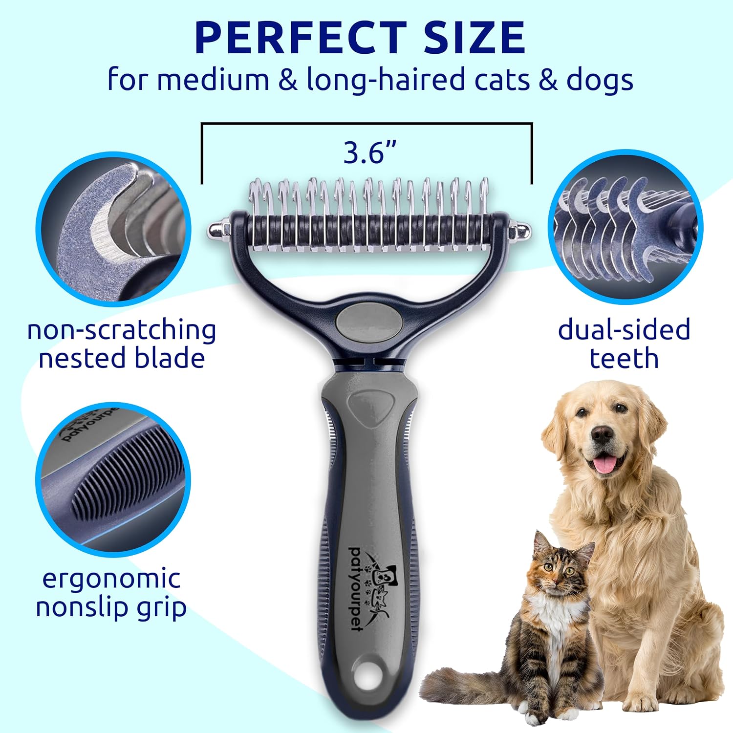 Pat Your Pet Deshedding Dog Brush For Shedding – Cat Brushes For Indoor Cats, Double-Sided Cat Brush Deshedding & Grooming Tool For Long Haired And Short Haired Dogs, Skin-Friendly