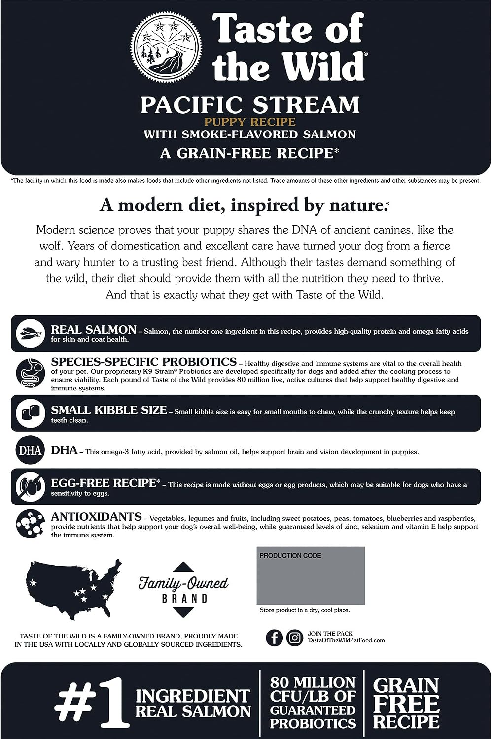 Taste of the Wild Pacific Stream Puppy Dry Dog Food, Salmon, 28lb | Puppy, Adult & Senior Dogs | Grain Free Recipe* | Nutrient Dense to Help Support Peak Health | Guaranteed DHA & Probiotics
