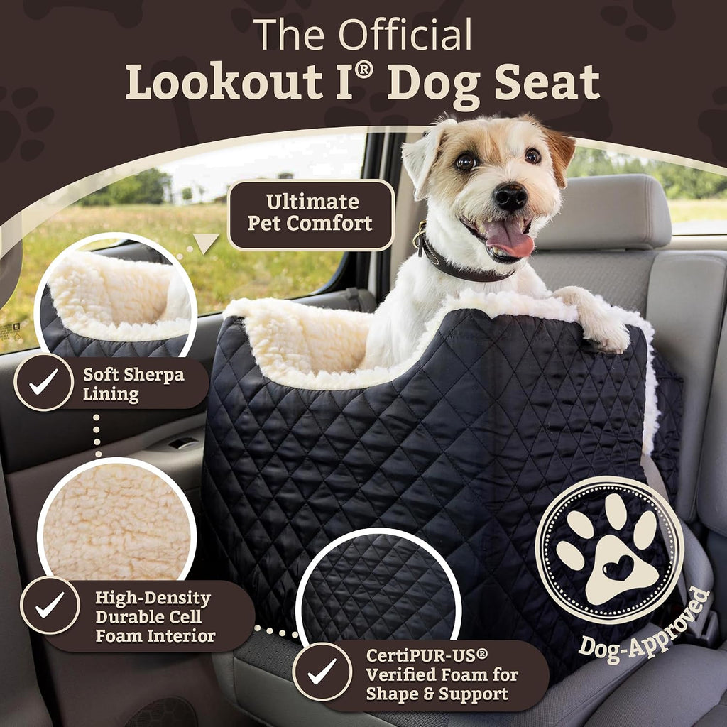 Snoozer Lookout I Car Seat - Dog Car Seats for Small Dogs, Puppy Booster Bed for Small & Medium Sized Pets Up to 25 Lbs, Elevated, Washable - Medium, Black Quilted | Dog booster car seat, Elevated view helps alleviate travel sickness & fear, Removable