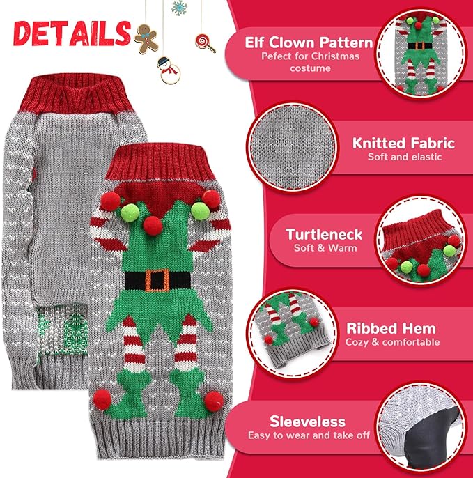 Dog Cat Ugly Christmas Sweater Boy Girl Xmas Pet Clothes Holiday Puppy Costume New Year Gifts for Small Medium Large Dogs Outfits (XXS, Grey Elf)