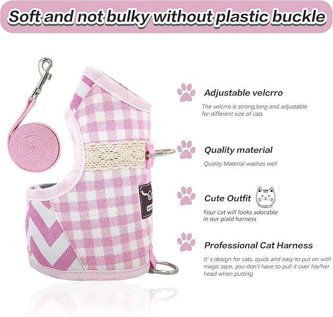 Cat Harness and Leash for Walking Escape Proof, Adjustable Cat Vest Harness, Padded Stylish Cat Walking Jackets, Pink Plaid, XX-Large