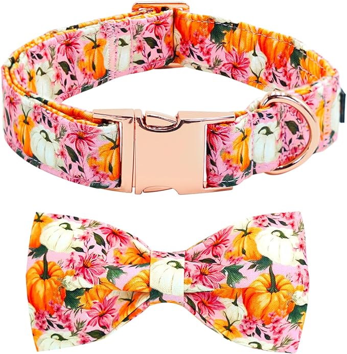Fall Dog Collar, Pink Flower Pumpkin Print Adjustable Pet Collar Cute Cotton Soft Collars with Bow Tie Metal Buckle Holiday Puppy Collars Boy&Girl Gift for X-Large Dogs