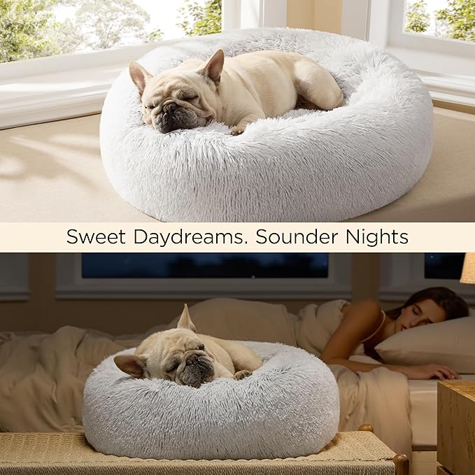 Bedsure Calming Dog Bed for Small Dogs - Donut Washable Small Pet Bed, 23 inches Anti-Slip Round Fluffy Plush Faux Fur Large Cat Bed, Fits up to 25 lbs Pets, Frost Grey