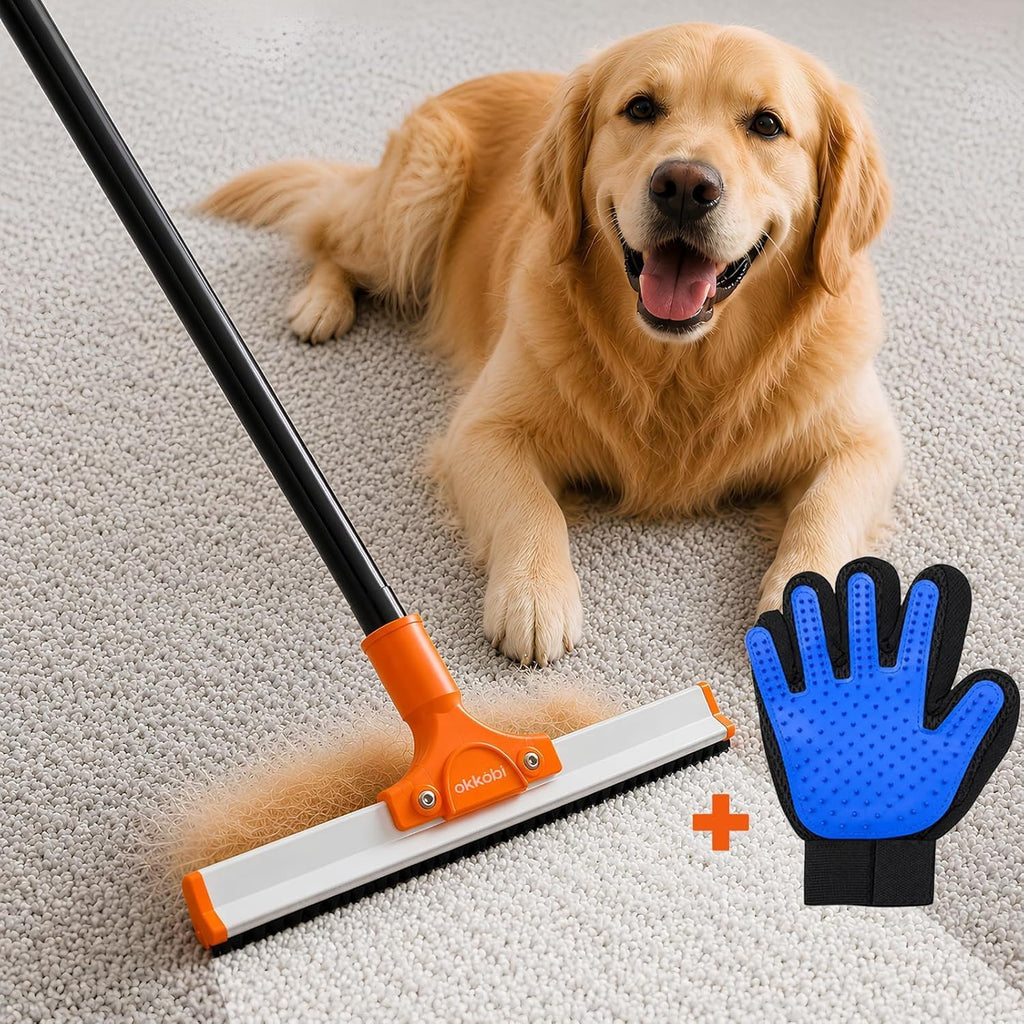 Carpet Rake for Pet Hair Removal – Carpet Scraper & Pet Fur Rake – Dog & Cat - Animal Fur Broom for Rugs & Furniture with Adjustable Lengths - Orange & Black