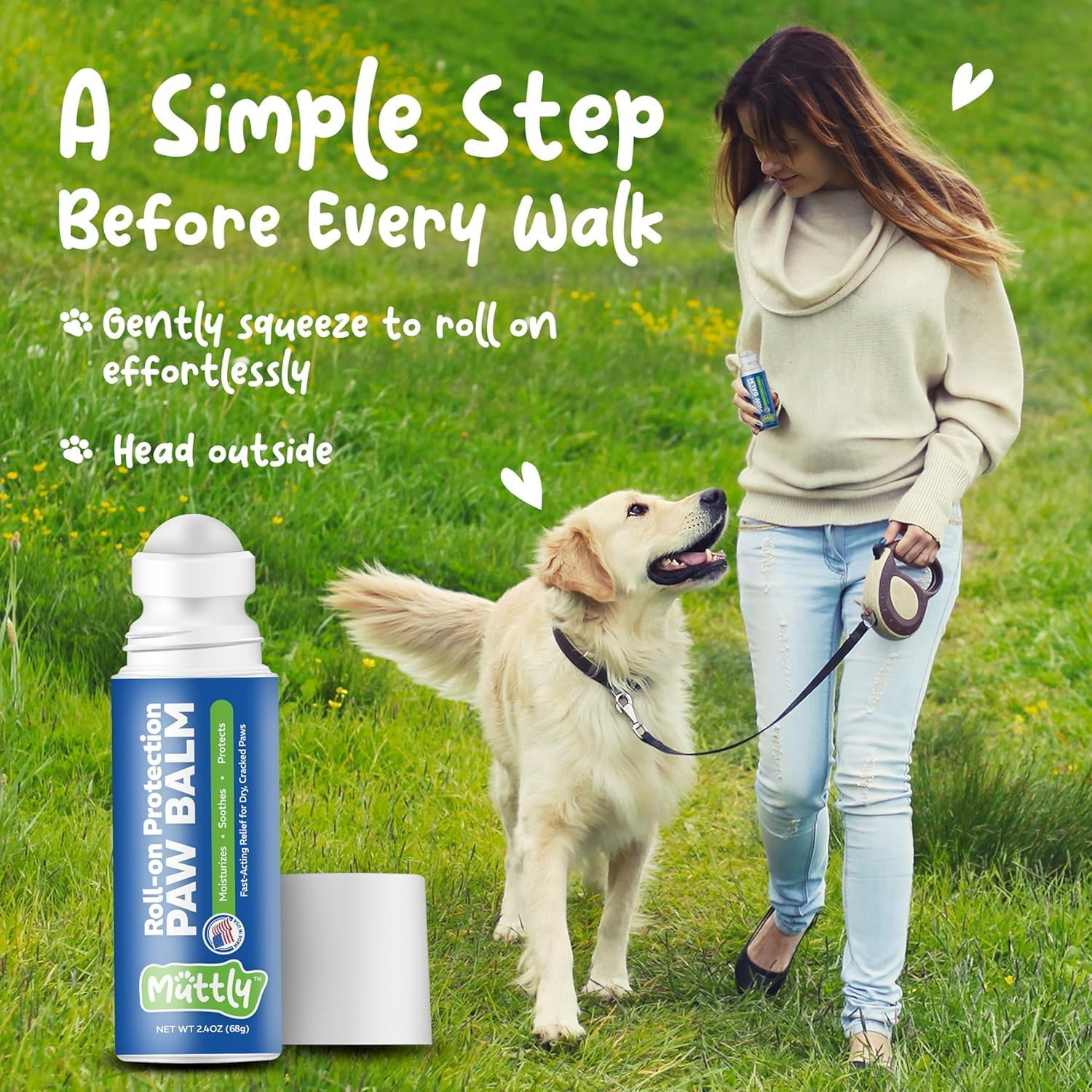 Roll-On Dog Paw Balm, Dog Paw Protector for Hot Pavement & Snow, 2.4 oz Wax | Non-Toxic, Food-Grade, Natural Dog Paw Moisturizer for Dry, Cracked Paws, Lick Safe Paw Balm, Easy-to-Apply Paw Wax for Dogs