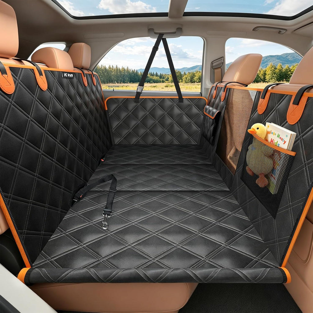 KYG Hard Bottom Dog Car Seat Cover for Full Size Truck SUV | 500 lbs Support,Waterproof, Scratch Resistant, Non-Slip,Mesh Window,Easy Care,Storage pocket for toys, Dog Seat Belt Included