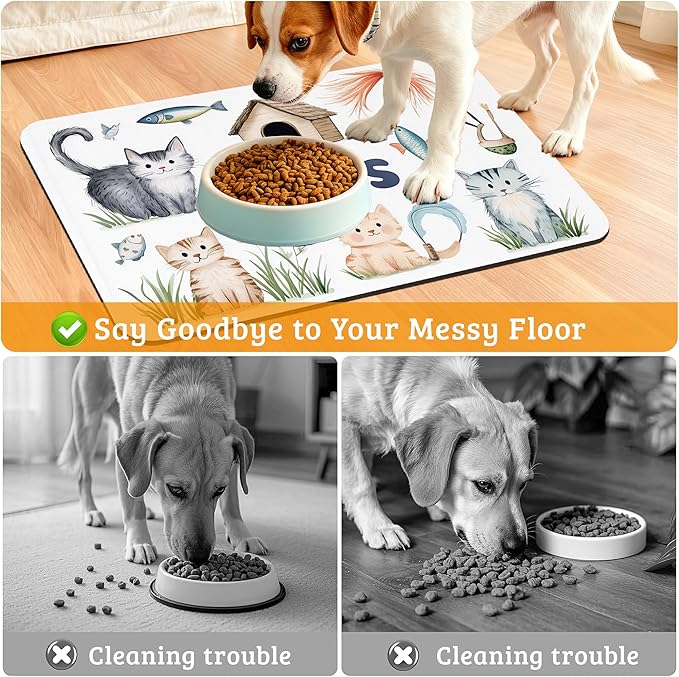 Cats Dog Food Mat,Cute Fun Absorbent Pet Feeding Mat for Food and Water Bowl,Quick Dry Dog Placemat Non Slip Rubber Backing Waterproof Pet Supplies 16" x 24"