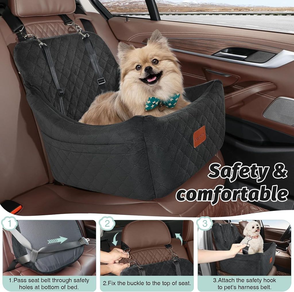 Lealchum Dog car seat for Medium Dogs,Easy to Install with Adjustable Straps,Anti Slip Bottom pet car Bed,Fully Detachable and Washable pet Travel Bed (Black, Medium)