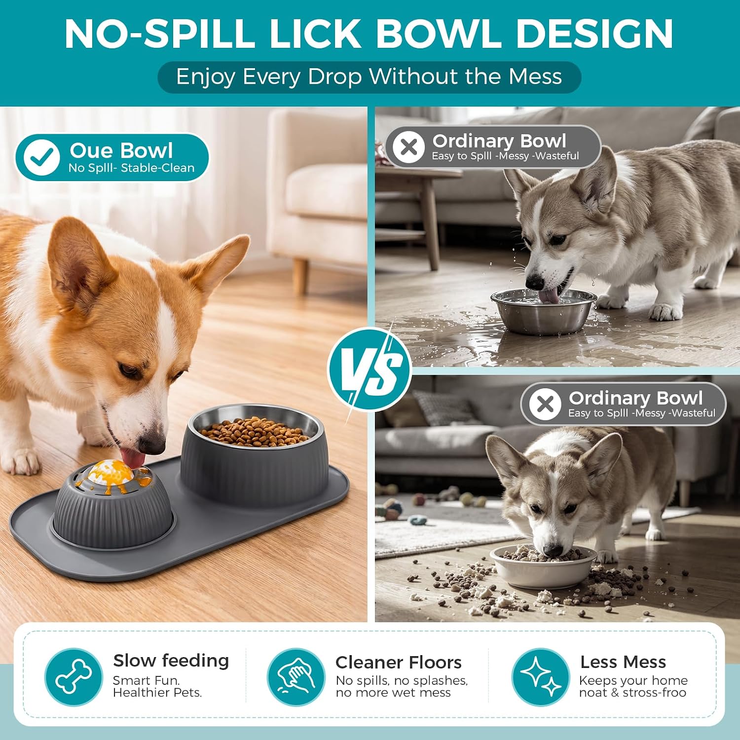 Dog Licking Bowl with Rolling Ball,Food and Water Bowl Set Slow Feeder | Spill proof & no tipping bowl mat features raised edge design to block splashes portable as travel dog bowls for outdoor trip