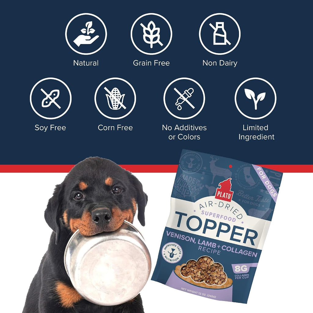 Plato Pet Treats Dog Food Toppers - Air-Dried Dog Food Toppers for Dry Food - with Collagen to Support Skin and Coat Health - Venison, Lamb and Collagen Recipe 5.5oz - Discontinued