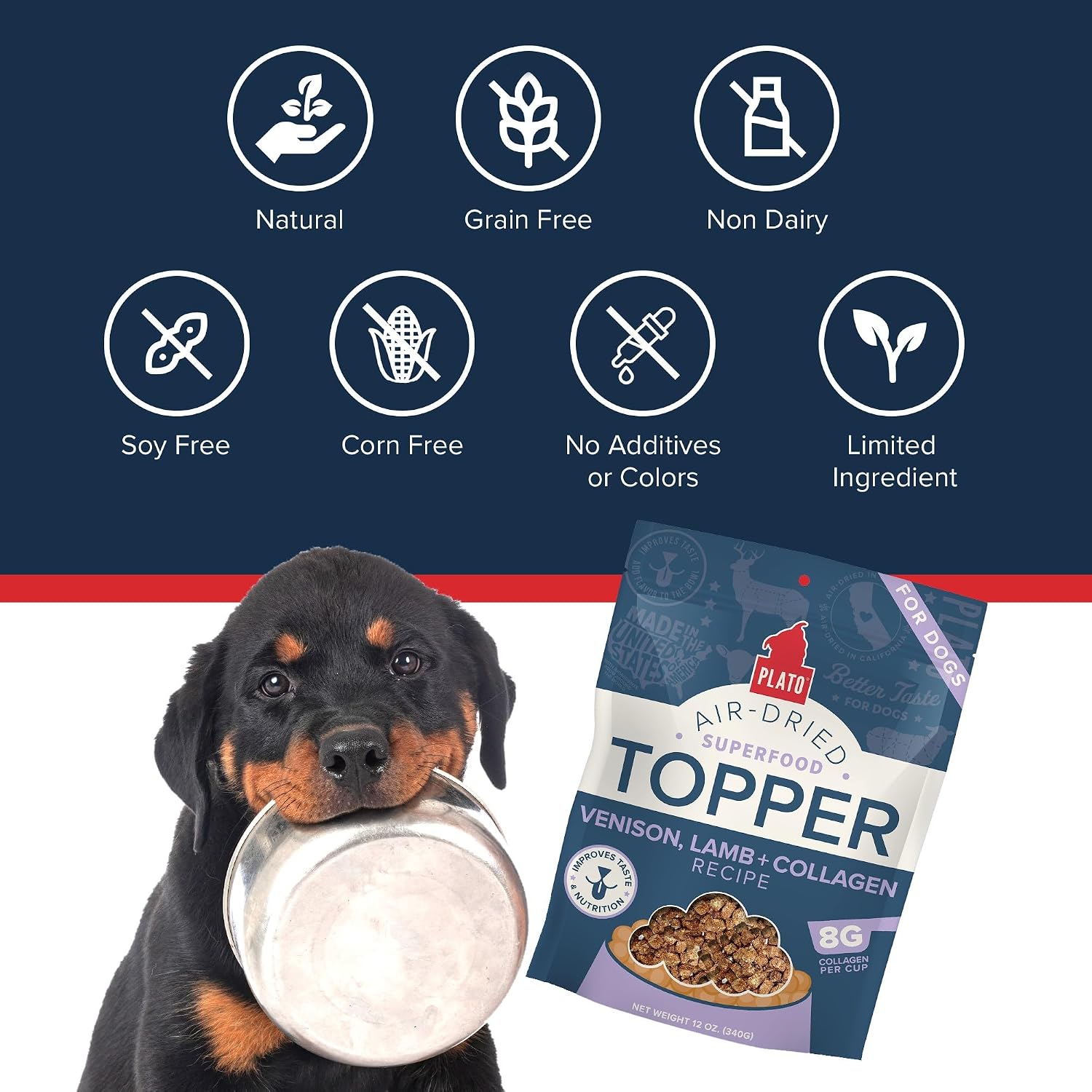 Plato Pet Treats Dog Food Toppers - Air-Dried Dog Food Toppers for Dry Food - with Collagen to Support Skin and Coat Health - Venison, Lamb and Collagen Recipe 5.5oz - Discontinued