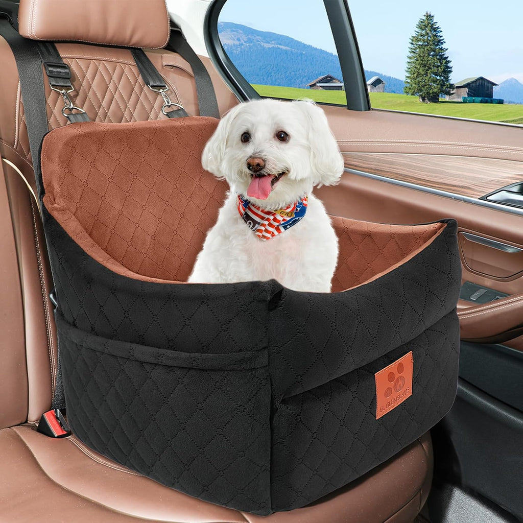 GL GLENSLAVE Dog Car Seat for Small/Medium Dogs, Dog Booster Car Seats with Thick Cushion for Dogs Under 35 lbs, Detachable Washable Pet Carseat with Storage Pockets, 2 Safety Belts(Black/Brown)