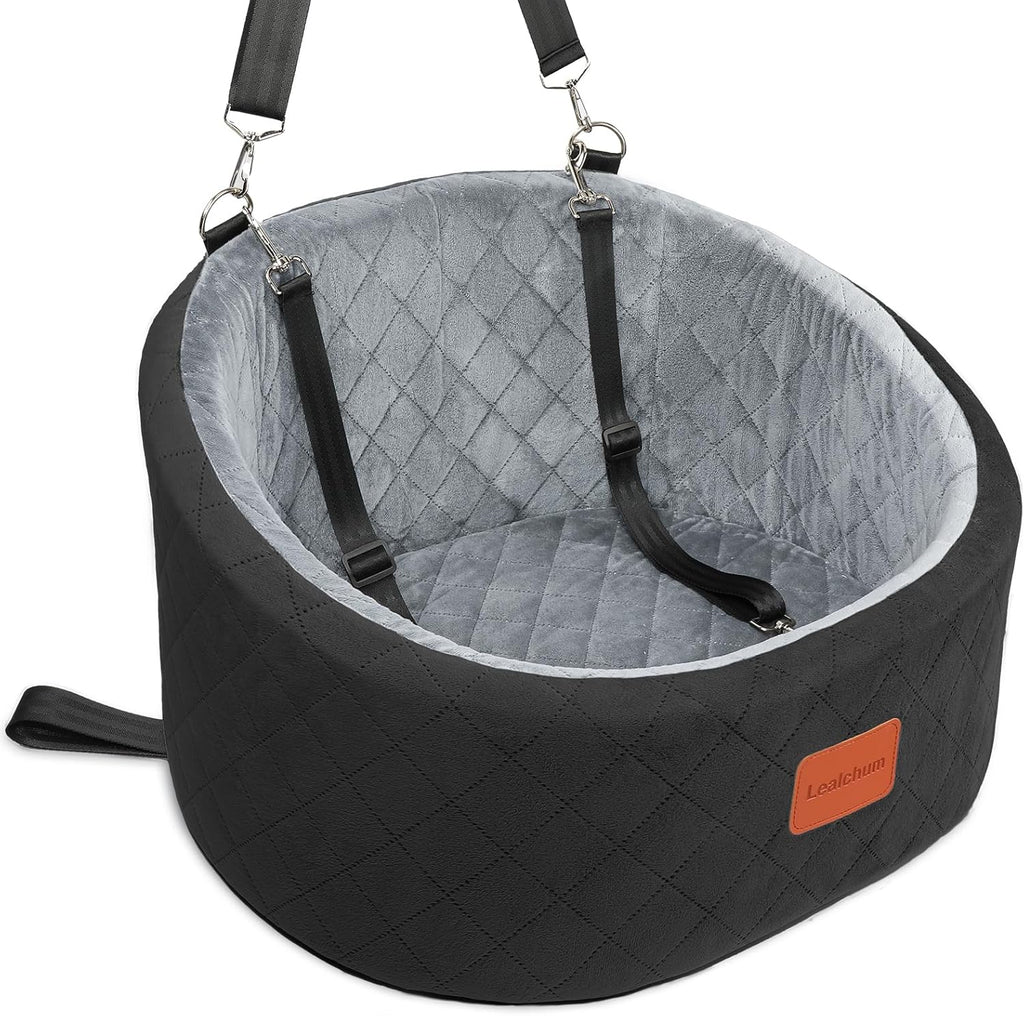 Lealchum Dog Car Seat for Small Dogs Up to 30 Lbs,Ultra Soft Fabric Fill in Comfy Memory Foam,Happy Pet Ride,2 Safety Dog Leashes,Fully Detachable and Washable,Anti Slip Base(Black/Grey)