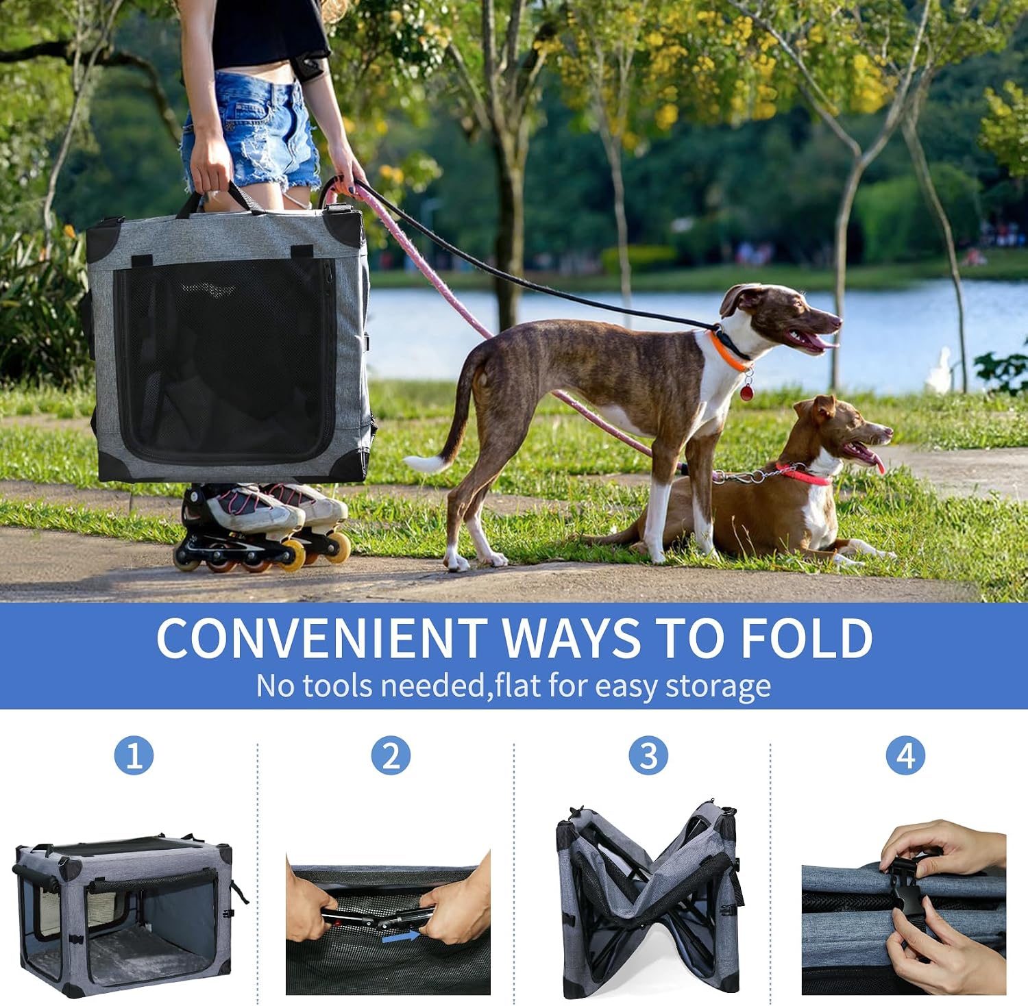 NEZUC Collapsible Dog Crates for Large Dogs Portable Soft Sided Travel Dog Carrier for Indoor & Outdoor, 4-Door Foldable Pet Kennel with Durable Mesh Windows (Gray, 24.0" L x 17.0" W x 17.0")