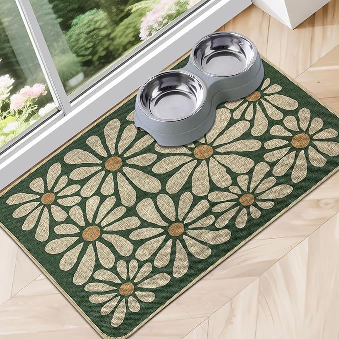 SHIYUE Dog Food Mats for Floors, Absorbent Cat Bowl for Food and Water, Non-Slip Accessories Pet Supplies(12"x20",Forest Green Flower)