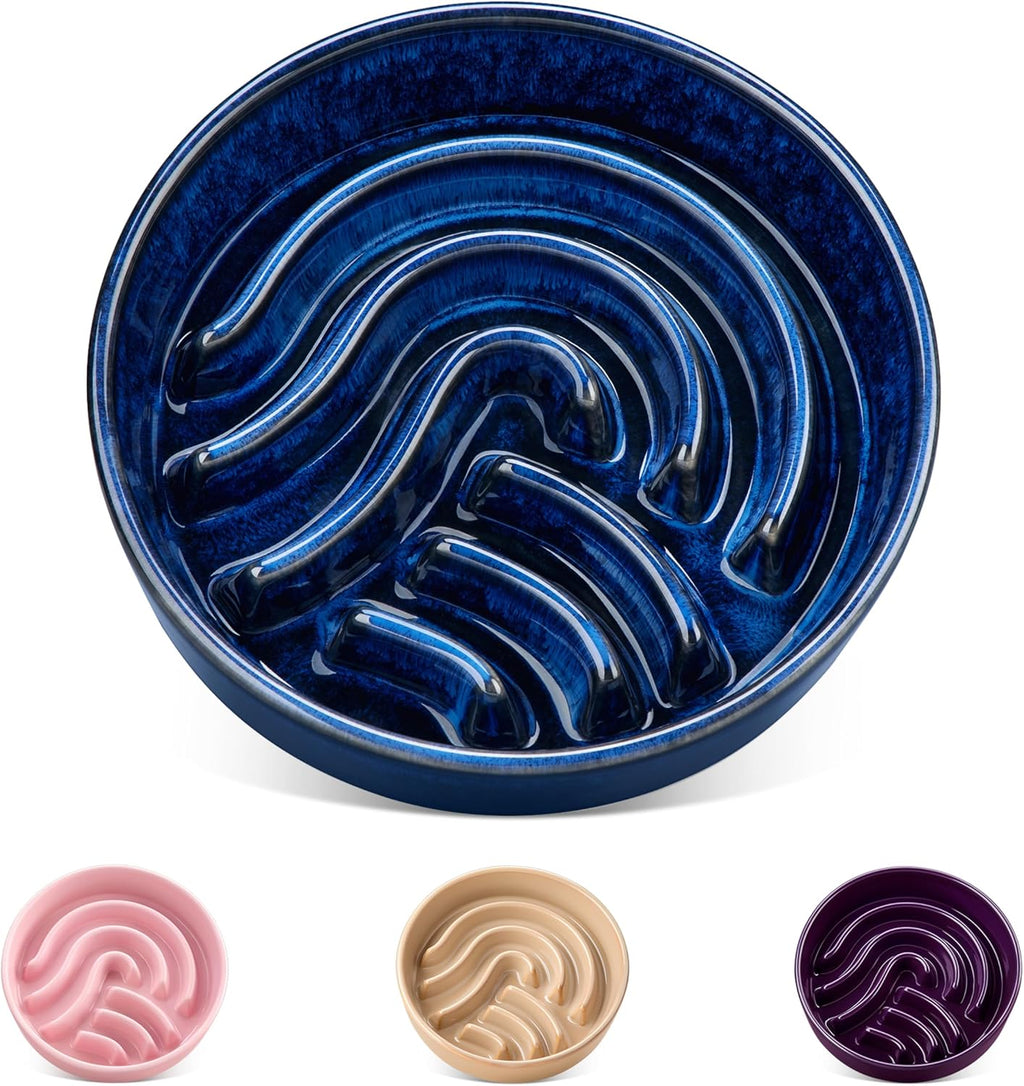 vancasso Slow Feeder Dog Bowl, 0.6 Cup Ceramic Slow Feeding Food Dish for Small Breed, Puzzle Dog Food Bowl for Fast Eater, Blue