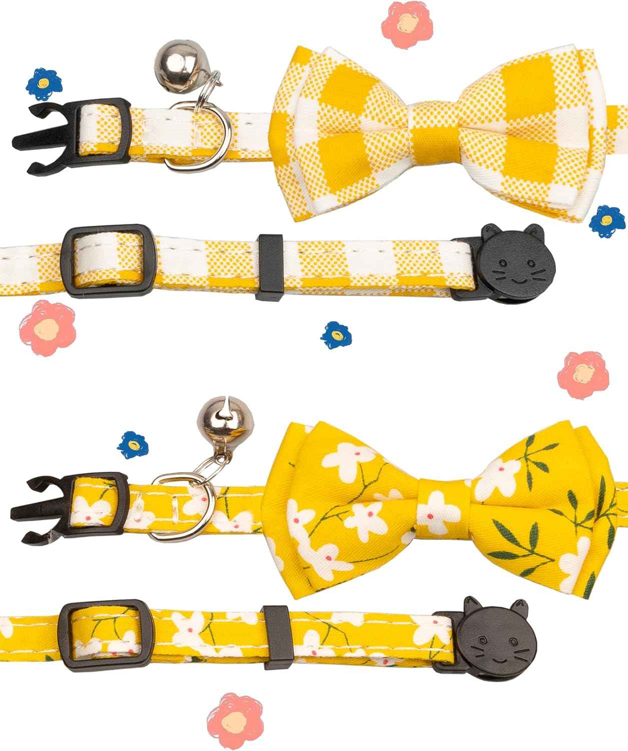 Cat Collar with Bow Tie Bell Breakaway Bowtie 2pcs Set Spring Plaid Flower Floral Solid Boy Girl Cute Kitten Safety A Yellow Flower & Plaid